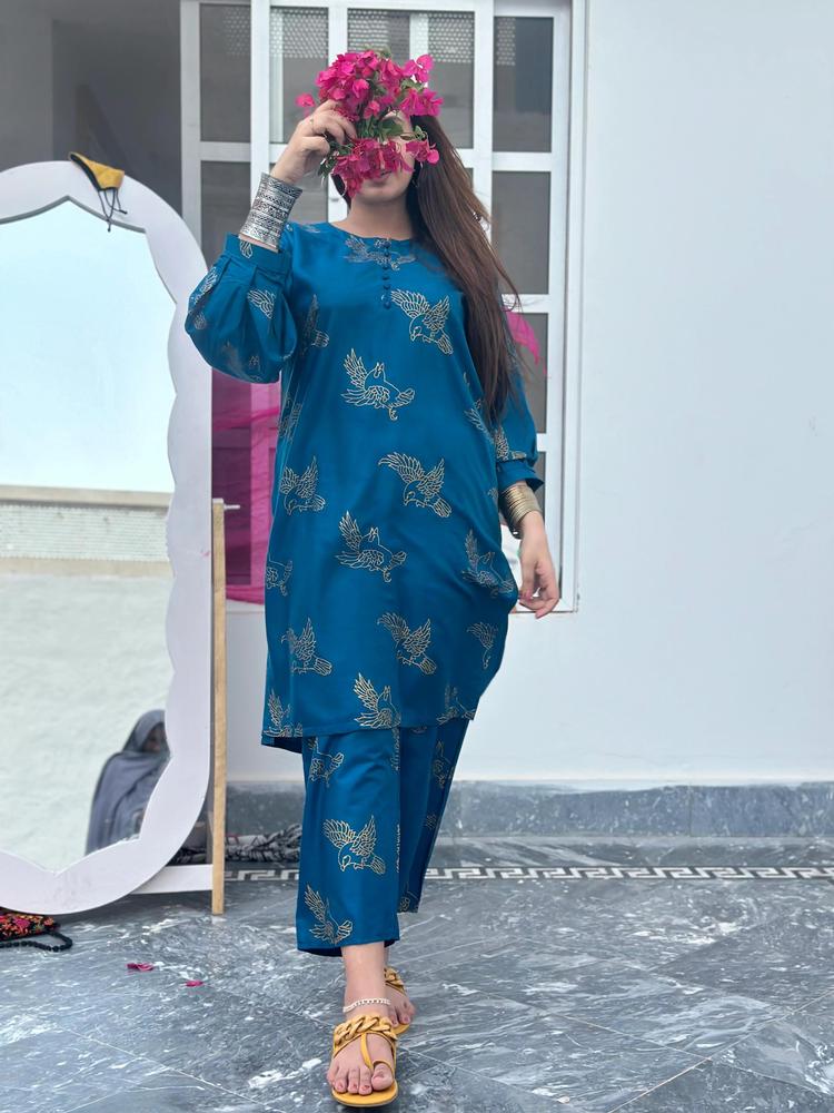 2pcs women linen printed shirt and trouser